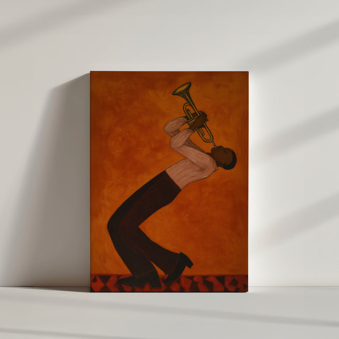 Tableau salon musicien trompettiste jazz fond orange style contemporain présentation toile