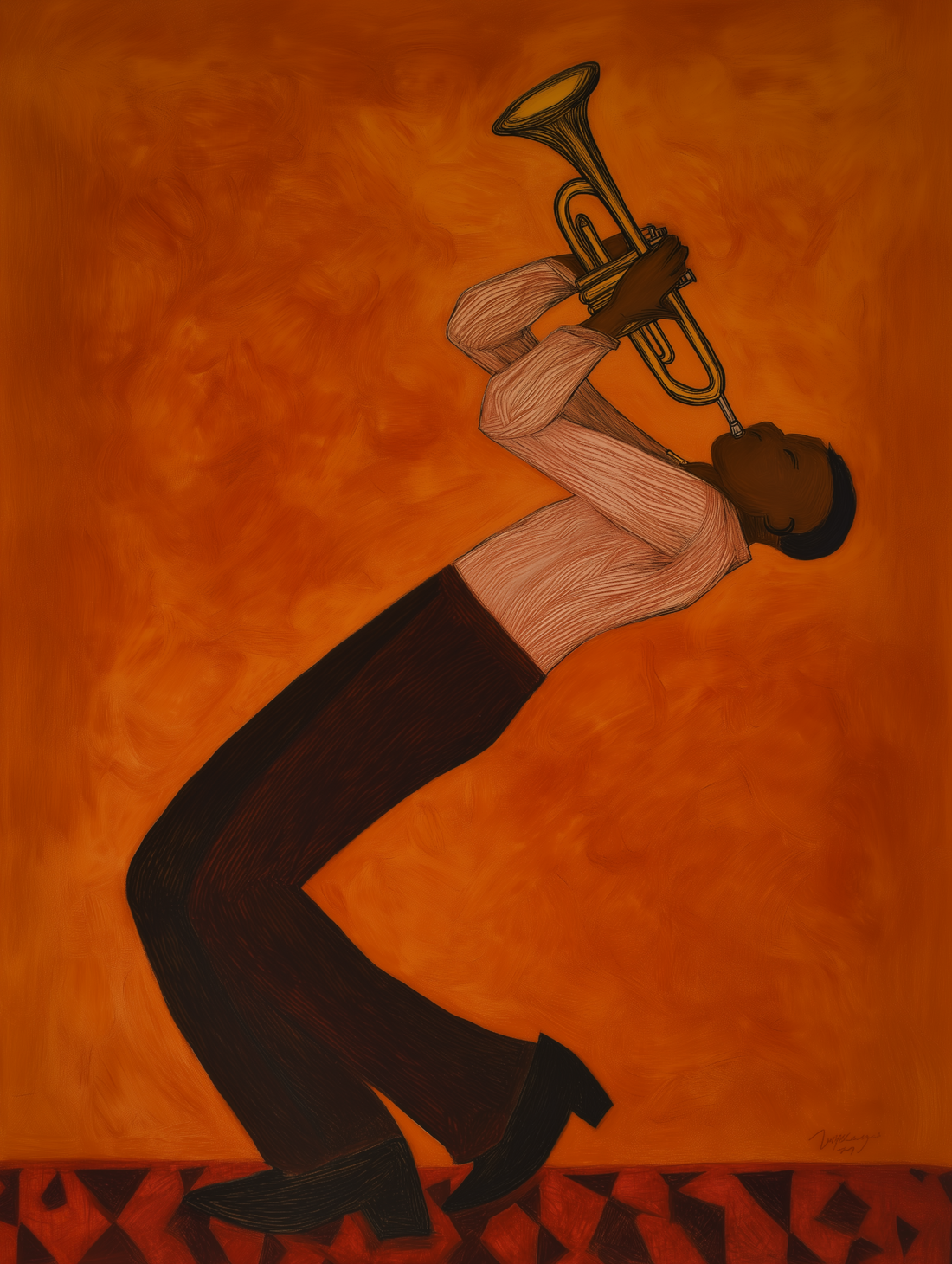 Tableau sur toile Trompettiste jazz - Fond orangé