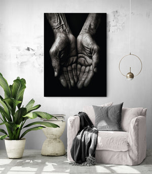 'Hands' art print perfectly integrated in a clean living room, enhancing its minimalist charm