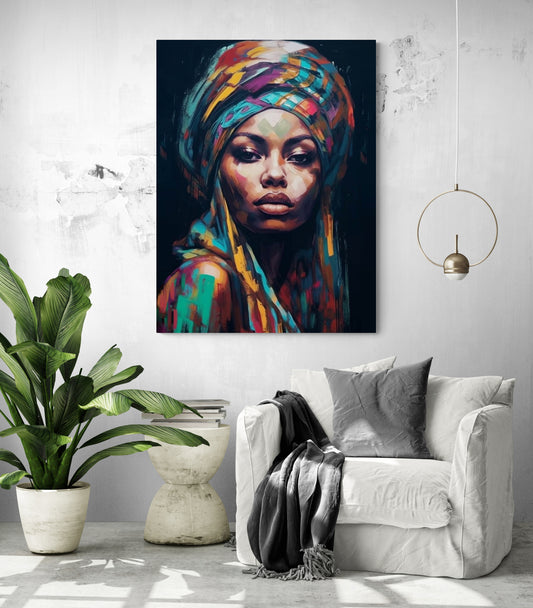 Tableau Africain Femme dans un salon sobre et lumineux, apportant une touche artistique et colorée à l'espace.