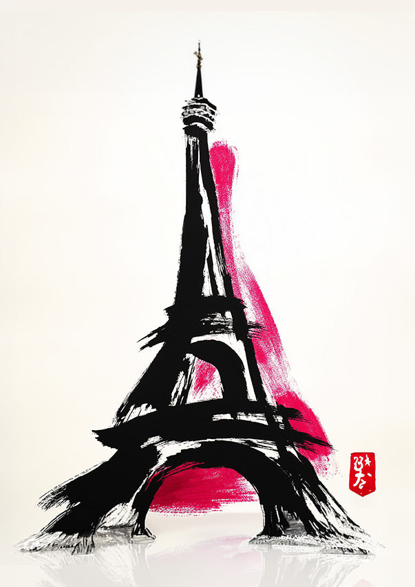 Eiffel Tower Paris Wall Art Print – Black & Fuchsia Pink Ink