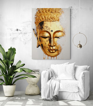 a very large white and gold Buddha painting in a white living room