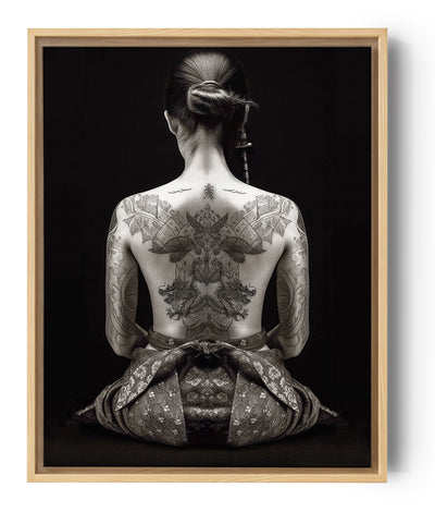Cuadro Mujer, tatuaje, minimalismo, serenidad, monocromo, personalización, elegancia, decoración.