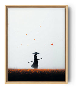 Samouraï au katana toile minimaliste fond blanc automne