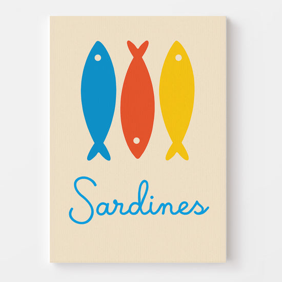 Colorful wall art with three stylized sardines, offering a playful and vintage vibe for the kitchen.