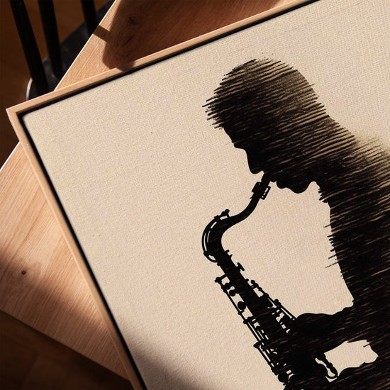 Jazz saxophonist silhouette canvas wall art for a minimalist office