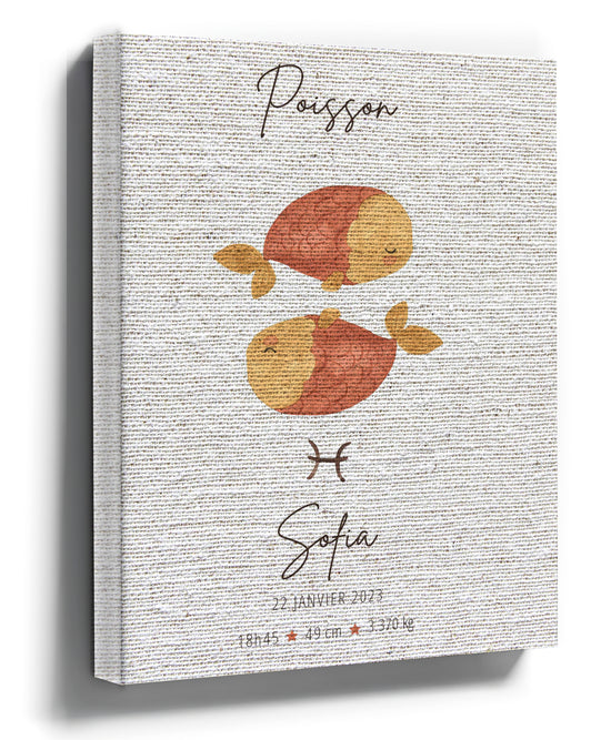 Pisces Zodiac Wall Art – Two Fish Minimalist Ochre Illustration on Custom Canvas