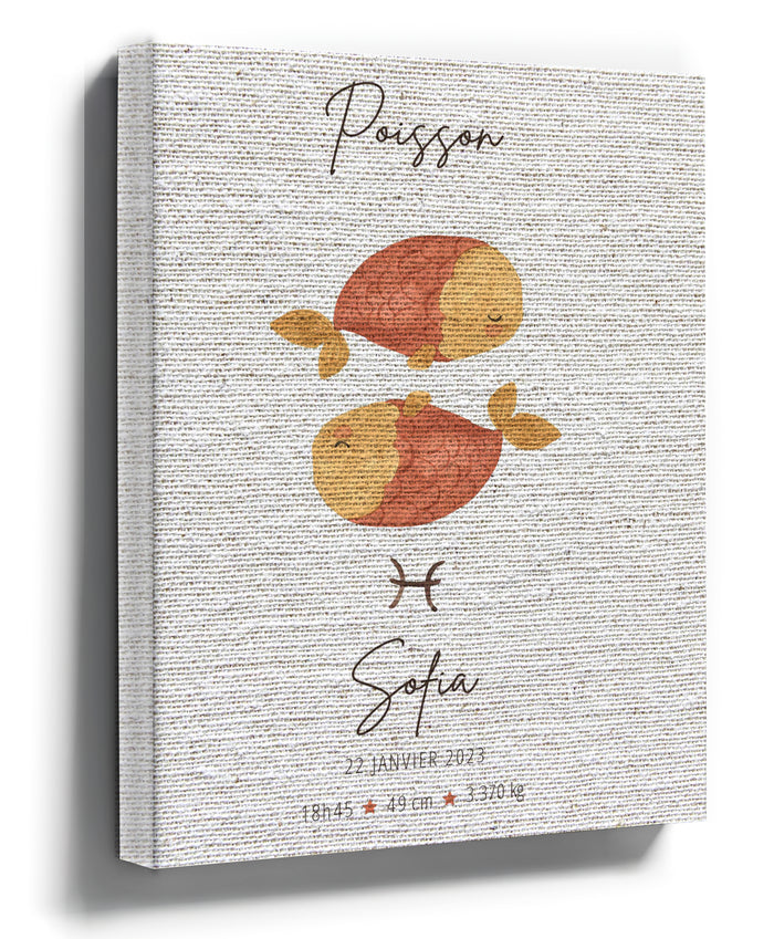 Pisces Zodiac Wall Art – Two Fish Minimalist Ochre Illustration on Custom Canvas