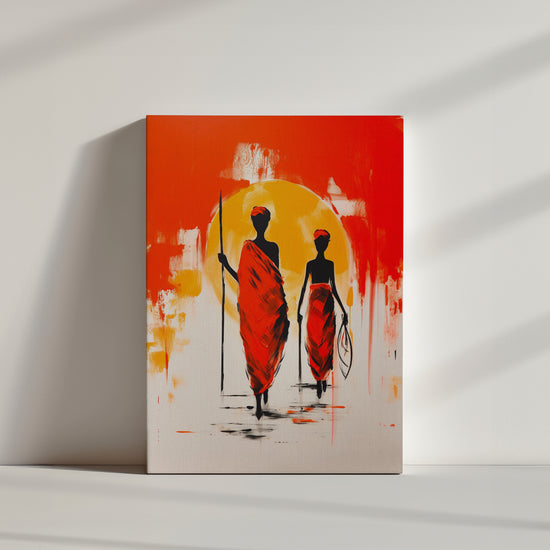Modern African wall art featuring two silhouettes in red walking under a blazing sun; warm red, orange, and yellow background; ideal for contemporary decor