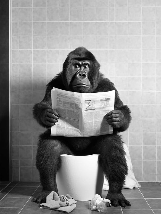 tableau singe au toilette, l'animal drôle est plongé dans la lecture de son journal.