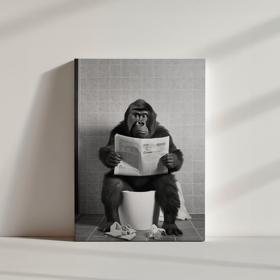 Quirky bathroom decor: monkey on toilet reading newspaper poster