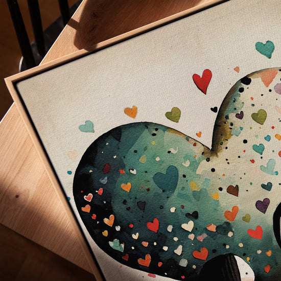 Large multicolor heart framed wall art for living room, golden oak frame