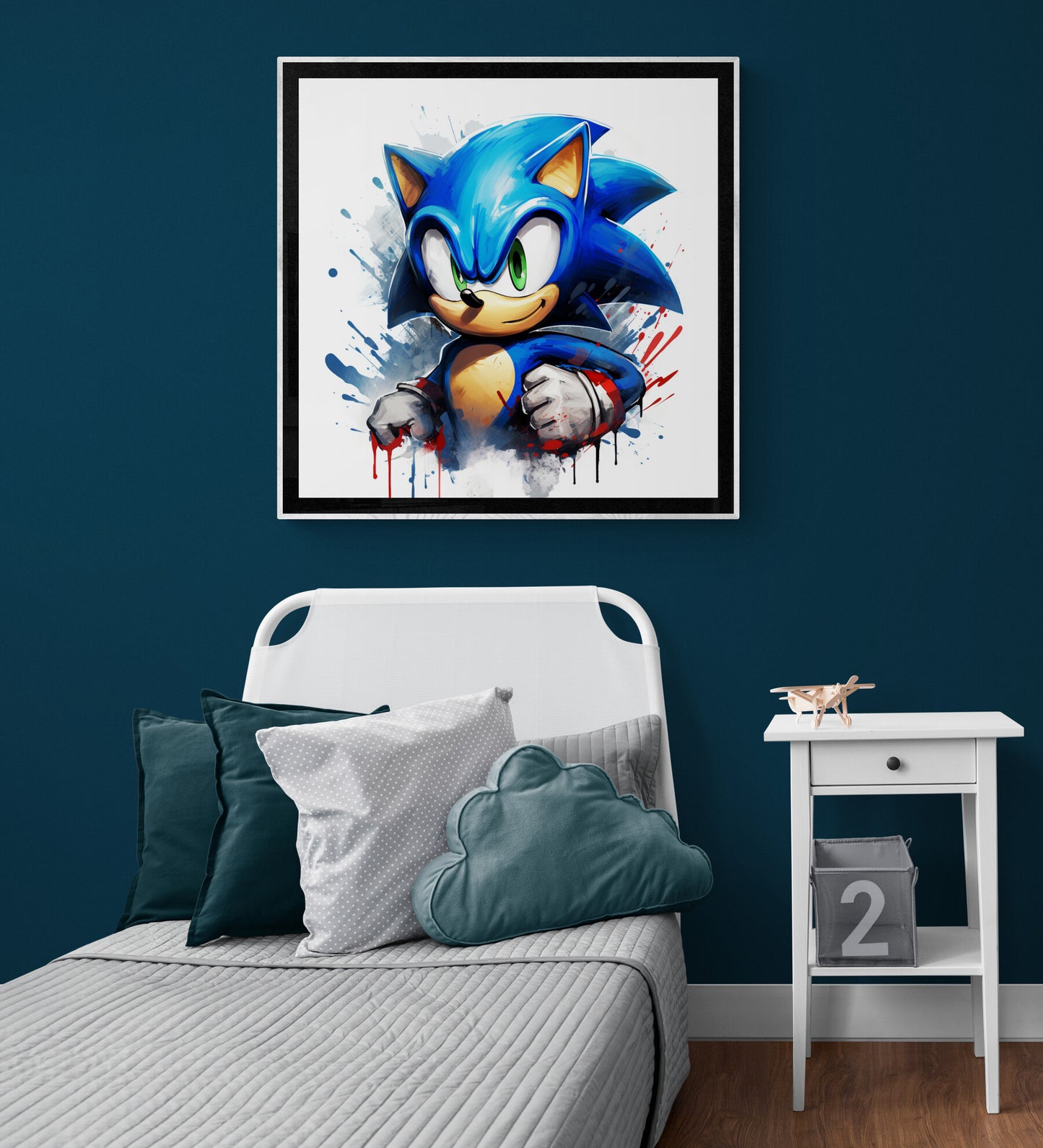 Tableau encadre Sonic apportant une dose d'aventure au-dessus d'un lit d'enfant