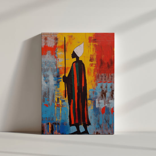 Striking faceless African Sufi artwork, inspired by Jean-Michel Basquiat, oil painting with bold solid colors