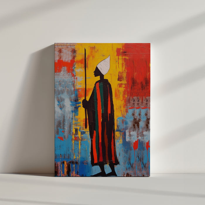 Striking faceless African Sufi artwork, inspired by Jean-Michel Basquiat, oil painting with bold solid colors