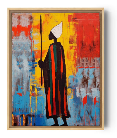 Schönes afrikanisches Sufi-Gemälde, ohne Gesicht, im Stil von Jean-Michel Basquiat, Ölgemälde, leuchtende einfarbige Töne,