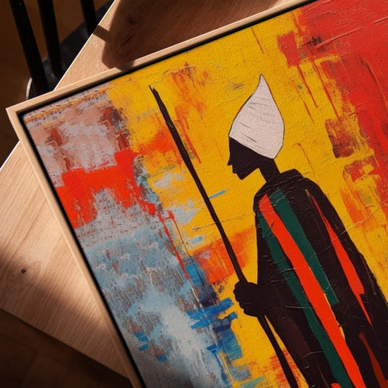 Abstract African Sufi canvas wall art for living room with a golden oak frame