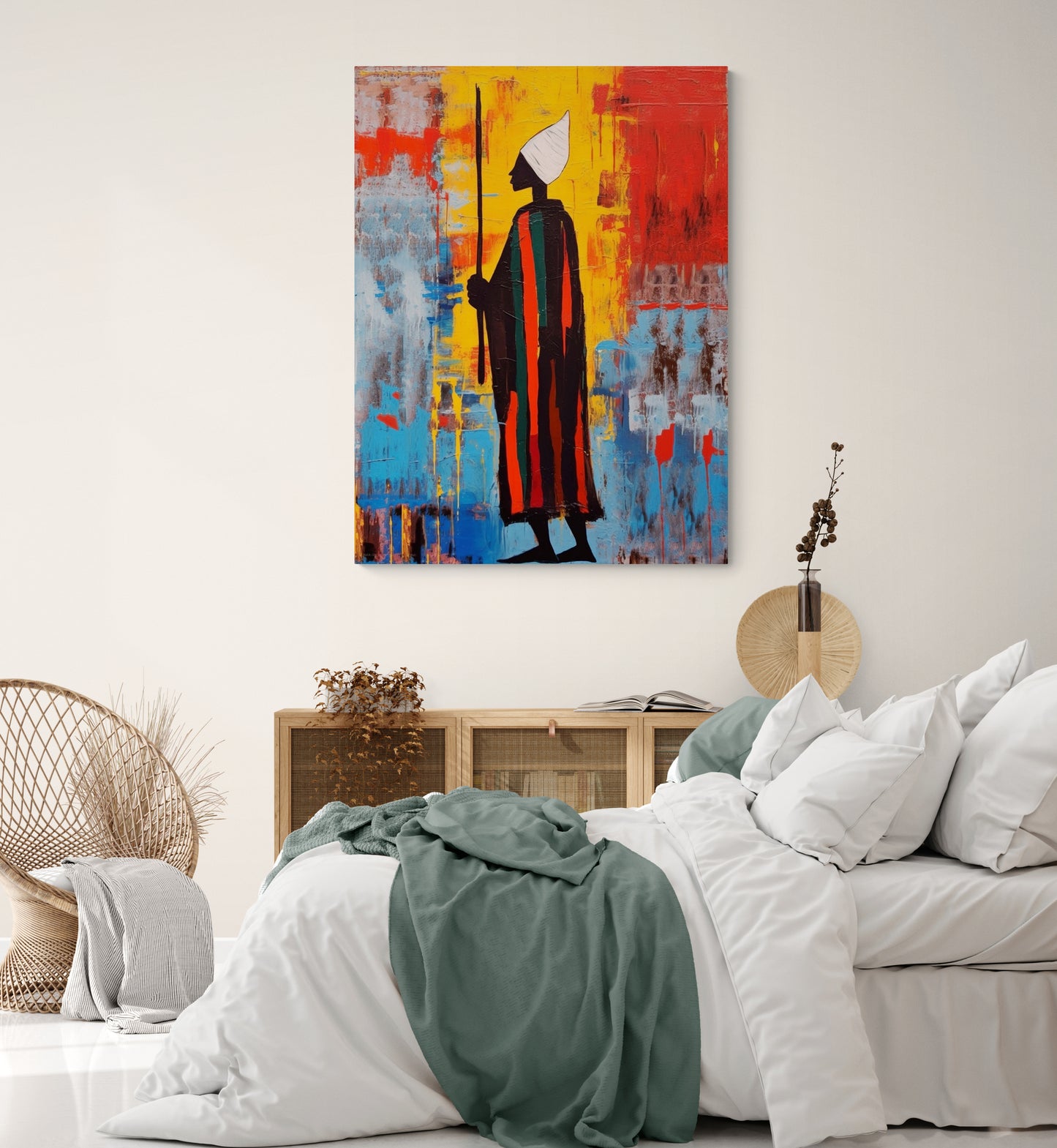 une chambre adulte avec un Tableau aux couleurs chaudes avec une silhouette africaine