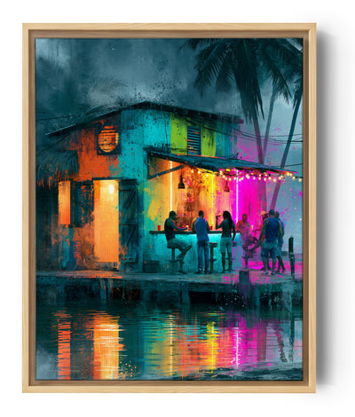 Colorful street art painting of a seaside bar with palms and glowing neon mirrored on the water