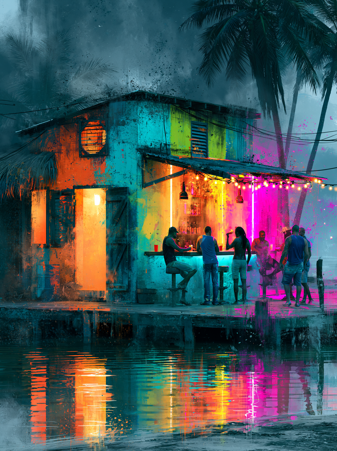 Tableau sur toile street art Guinguette tropicale - Explosion de couleurs nocturnes