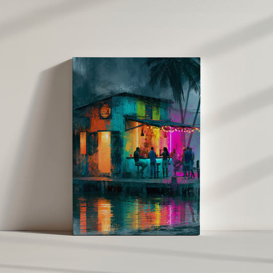Tableau street art bar tropical façades multicolores palmiers néons posé au sol ambiance minimaliste épurée