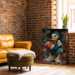 Tableau street art représentant un canard au look urbain tenant un ballon de basket, posé dans un salon au mur en briques. Les tons orange et bleu apportent une touche moderne et dynamique à la décoration.