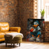 Tableau street art représentant un canard au look urbain tenant un ballon de basket, posé dans un salon au mur en briques. Les tons orange et bleu apportent une touche moderne et dynamique à la décoration.