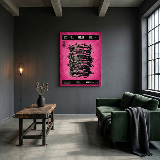 Tableau street art couronne d'épines fond rose vif décoration murale urbaine style contemporain