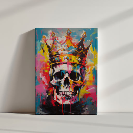 Gold-crowned skull graffiti with vibrant paint splatters—modern street art canvas for contemporary wall decor