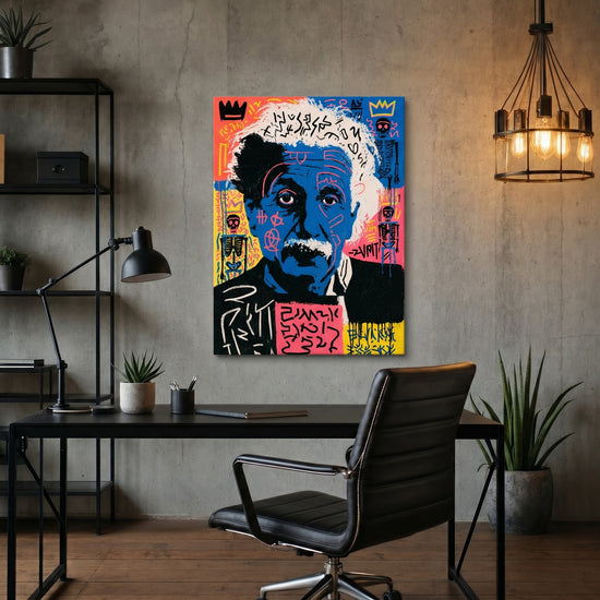 Tableau street art portrait Einstein bleu pop art urbain décoration murale moderne style graffiti