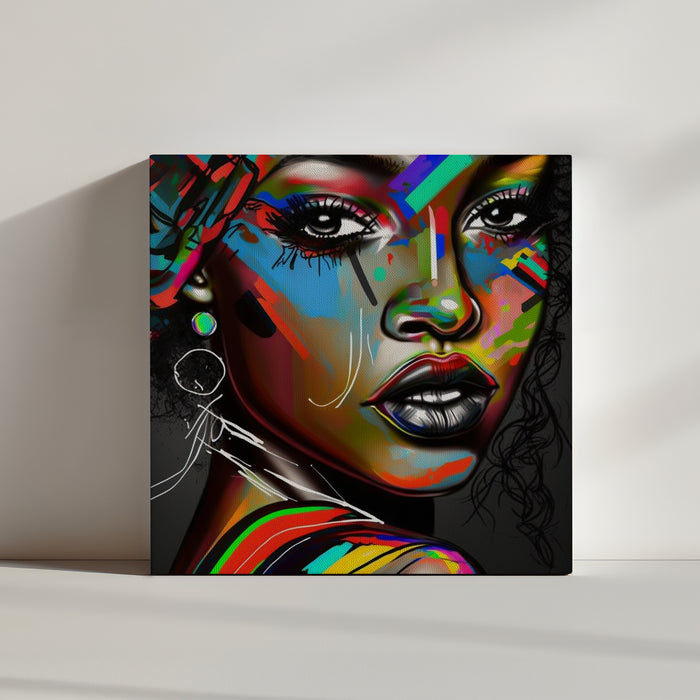 Urban graffiti canvas featuring a Black woman, primary color street art wall decor