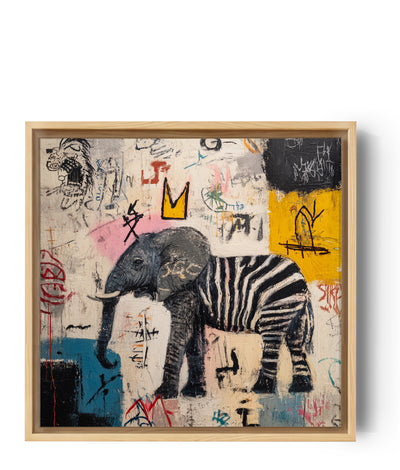 Street-Art-Wandbild Elefant mit Zebrastreifen auf mehrfarbigem Graffiti-Hintergrund und gelber Krone