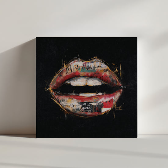 Tableau street art lèvres rouges dorées graffiti urbain dans ambiance minimaliste épurée