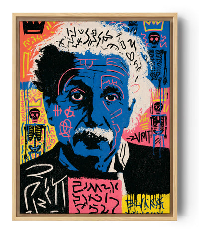 Einstein street art portrait in blue with crowns, graffiti and skeleton motifs, vibrant urban pop art canvas