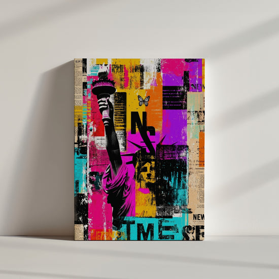 Statue of Liberty street art canvas, pink yellow orange collage in minimalist room