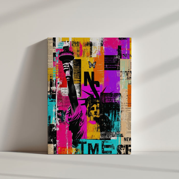Statue of Liberty street art canvas, pink yellow orange collage in minimalist room