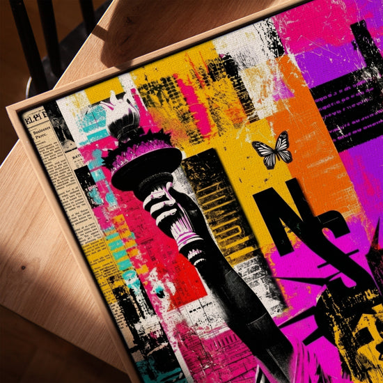 Vibrant Statue of Liberty street art canvas, pink and yellow tones for modern living room