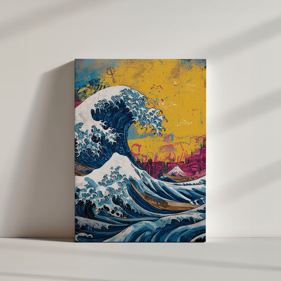 Tableau street art vague japonaise graffiti jaune rose posé au sol ambiance minimaliste épurée