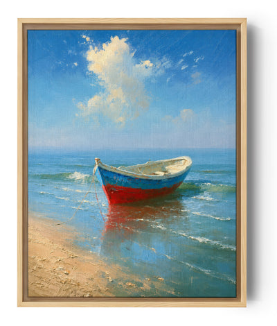 Mediterranean beached boat canvas print at golden hour, serene ocean, blue sky and soft clouds