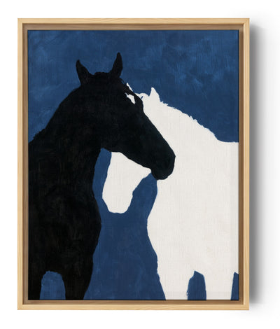 Paard op canvas, zwarte contour tegen diepblauw, moderne wanddecoratie