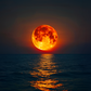 Tableau grandiose lune rougeoyante et reflets sur océan pour une ambiance mystique et sereine