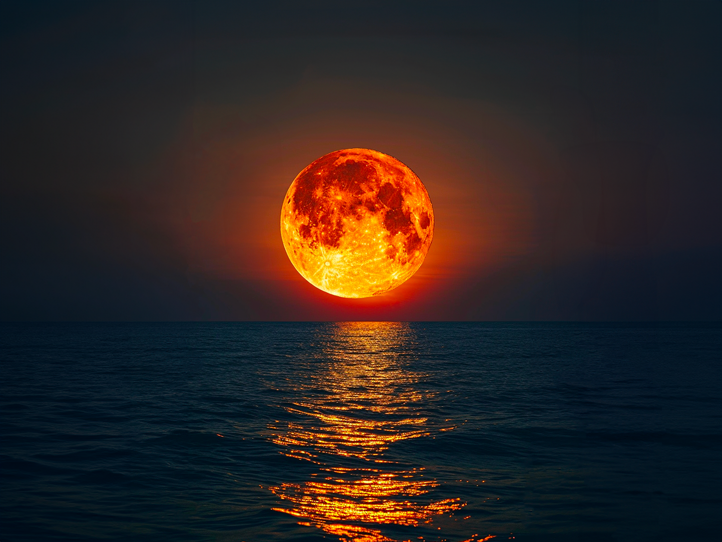 Tableau grandiose lune rougeoyante et reflets sur océan pour une ambiance mystique et sereine