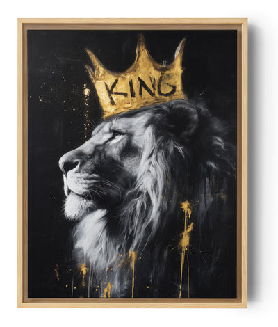 Canvasschilderij majestueuze leeuw met gouden kroon King, portret zwart en goud hedendaagse stijl