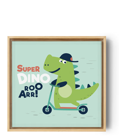 Una decoración con una ilustración de un dinosaurio que va en patinete
