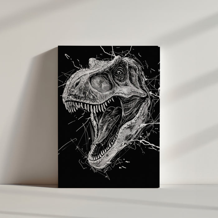 Detailed black-and-white drawing of a roaring Tyrannosaurus rex head with sharp teeth and expressive features