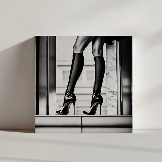 Elegant high-heel legs captured in glamorous black and white photography wall art