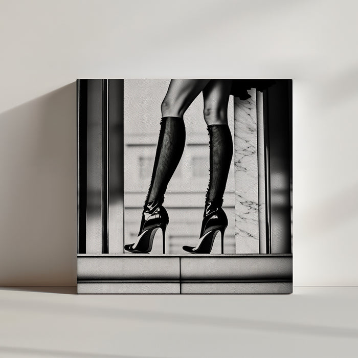 Elegant high-heel legs captured in glamorous black and white photography wall art