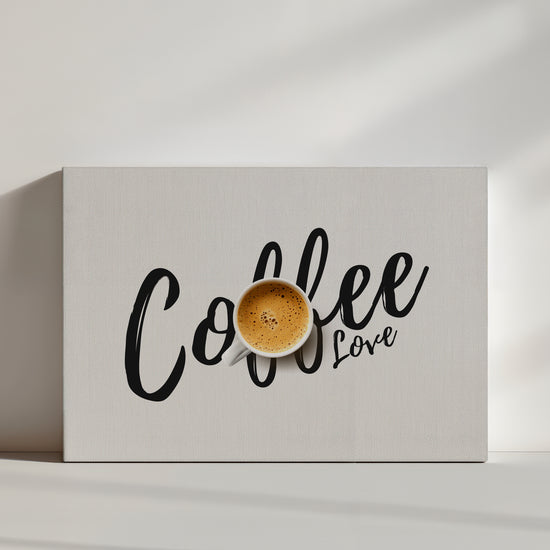 Espresso cup with crema, Coffee Love hand-lettered typography on white background, kitchen wall art print