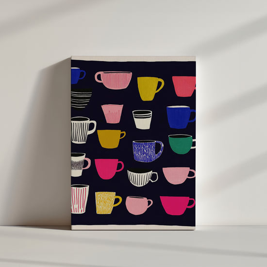 Vibrant kitchen wall art with multicolored coffee mugs in assorted shapes