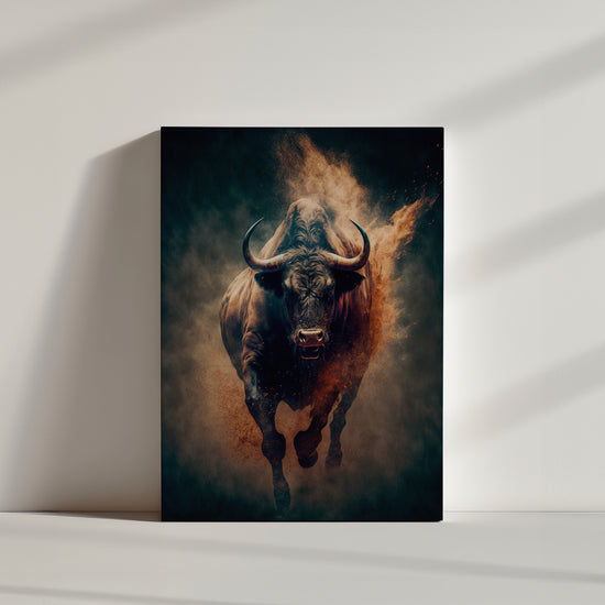Bull in Motion Canvas Wall Art, captured with intense power in a dramatic artistic style